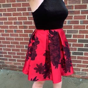 Red and Black Floral Velvet Dress